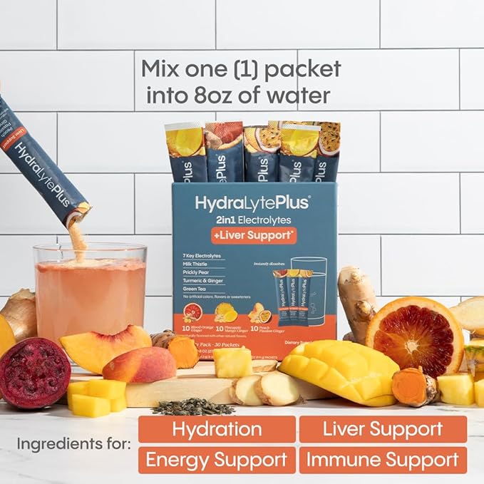 Hydralyte Liver Support + Electrolyte Mix with Milk Thistle, Turmeric, Ginger, Prickly Pear, Green Tea Extract Formulated for Rapid Rehydration (Peach Passion Ginger, 20 Packets)