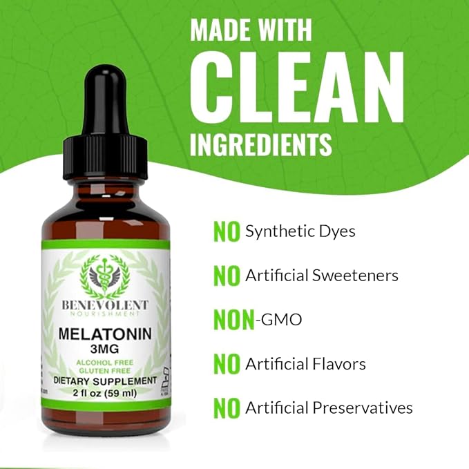 Benevolent Melatonin Liquid for Adults 3mg, Liquid Melatonin Drops for Kids 2 Month Supply, Berry Vanilla Flavor & Made in USA, Melatonin Sleep Aid Helps Fall Asleep Faster & Stay Asleep Longer