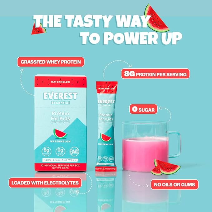 Kid's Clear Whey Protein Powder (Watermelon, 10 Packets) Protein Drink Mix for Kids, Electrolytes for Kids, 8g Protein Per Serving, Non GMO, Zero Added Sugar