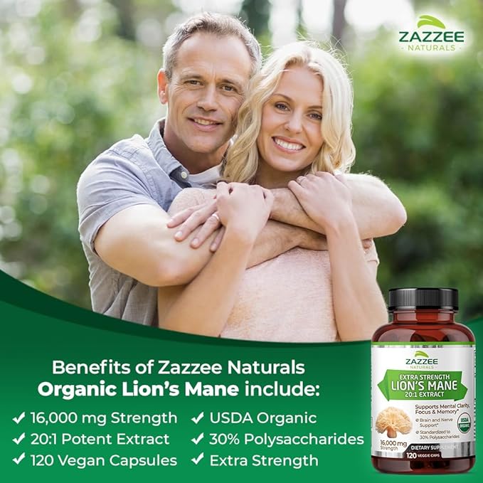 Zazzee USDA Organic Lion's Mane 20:1 Extract, 16,000 mg Strength, 30% Polysaccharides, 120 Vegan Capsules, 60 Day Supply, Standardized and Concentrated 20X Extract, All-Natural and Non-GMO
