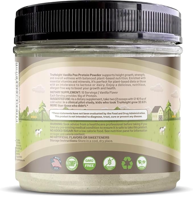 TruHeight Growth Protein Shake (Vanilla Ice Cream Flavor, Plant) Growth & Development Protein Powder for Kids & Teens - Weight Gain Drinks - Endorsed by Pediatricians, Picky Eater Vitamin, Ages 5+