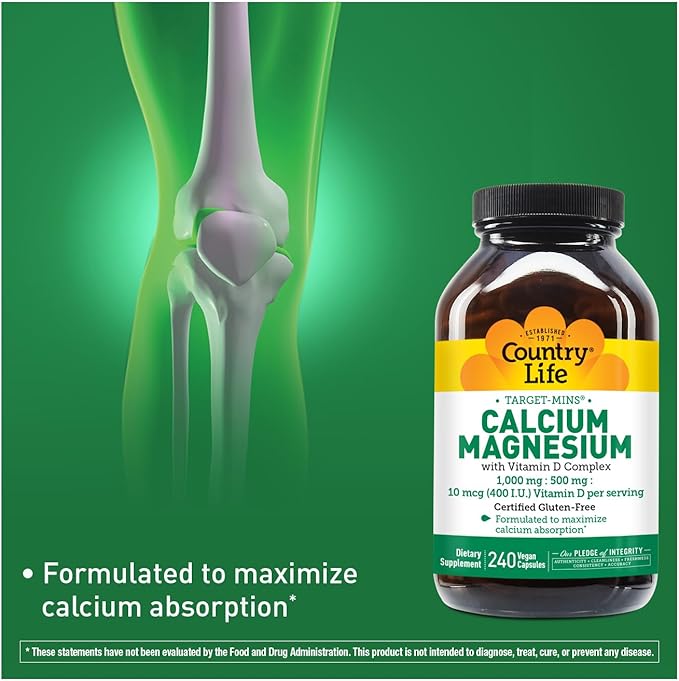 Country Life Target-Mins Calcium Magnesium with Vitamin D-Complex, 1000mg/500mg/10mcg, 240 Vegan Capsules, Certified Gluten Free, Certified Vegan, Verified Non-GMO Verified