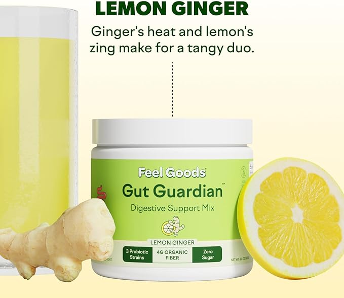 Feel Goods Gut Guardian, Probiotic & Prebiotic Powder for Gut Health Support with Organic Fiber & Herbs, Digestive Health for Men & Women, Sugar Free, Vegan, Gluten Free, Lemon Ginger, 30 Servings