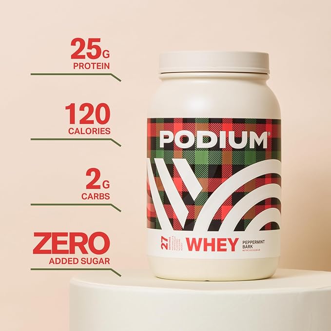 Podium Nutrition Whey Protein Powder, Peppermint Bark, 25g Protein Per Serving with Digestive Enzymes, Whey Protein Isolate & Concentrate, Gluten Free, Low Carb, Low Sugar & Soy Free, 27 Servings