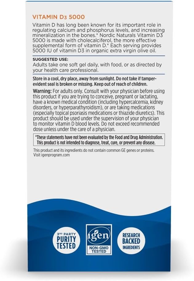 Nordic Naturals Vitamin D3 5000, Orange - 200 Mini Soft Gels - Support for Healthy Bones, Mood, & Immune System - Vegetarian - Non-GMO - 200 Servings