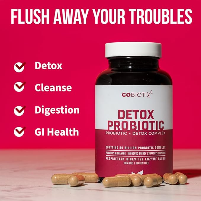 GOBIOTIX Detox Probiotic Supplement for Digestive Health - Milk Thistle, Turmeric, and Dandelion Root, Enzymes for Gut Health - 50 Billion CFU - 60 Capsules