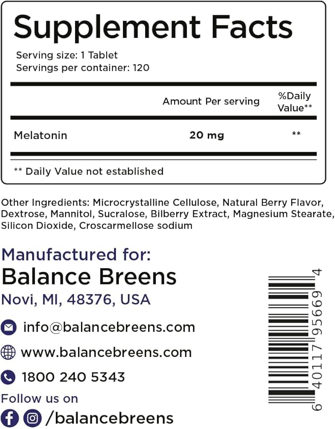 Balancebreens Melatonin 20mg Fast-Dissolve, 120 Tablets β Natural Sleep Aid for Restful Nights, Drug-Free Support for Relaxation and Tranquility