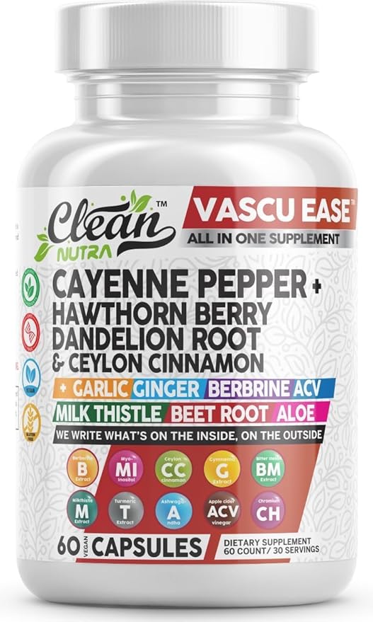 Clean Nutra Cayenne Pepper Capsules Supplement with Hawthorn Berry, Dandelion Root, Ceylon Cinnamon, Garlic, Ginger, Berberine, Apple Cider Vinegar, Milk Thistle, Beet Root, Aloe Vera Pills & More