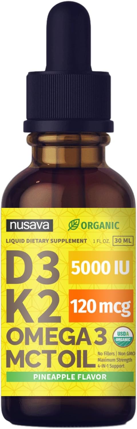 (2 Pack) Organic Vitamin D3 K2 Drops with MCT Oil Omega 3, Maximum Strength Vitamin D Liquid 5000 IU, No Fillers, Non-GMO Liquid D3 for Faster Absorption and Immune Support (Pineapple, 2 Fl Oz)