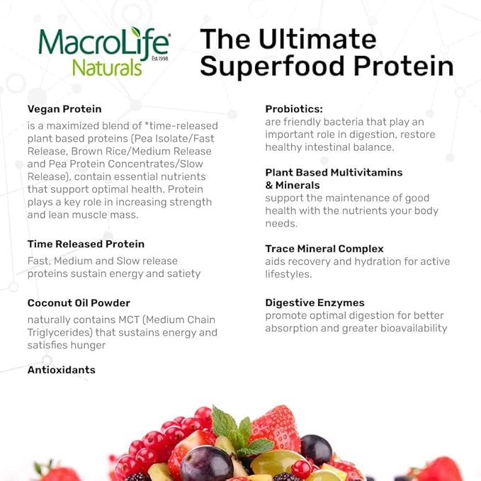 MacroLife Naturals MacroMeal Vegan Chocolate Protein Powder Superfood Greens Probiotics + Fiber, Immune Energy Digestive Daily Essentials for Women & Men Gluten-Free - 23.8oz (15 Servings)