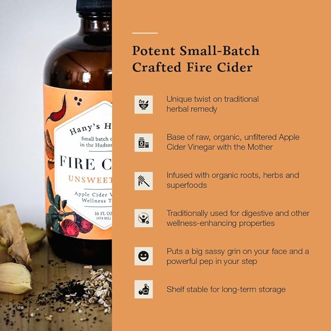 Hany's Harvest Unsweetened Fire Cider – 16 fl oz Glass Bottle | All-Natural, Small-Batch, Handcrafted, Non-GMO, Gluten-Free, Immune & Digestive Support