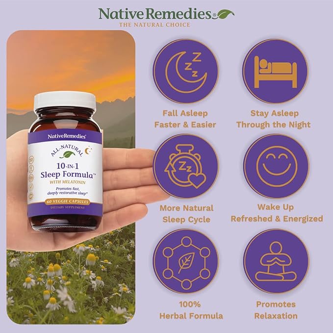 Native Remedies 10-in-1 Formula Natural Sleep Aid for Adults & Kids 4+ - Sleep Supplement with Melatonin 5mg, Magnesium, Valerian Root, Chamomile – Sleeping Aid Support, Non-GMO, Vegan - 60 Capsules