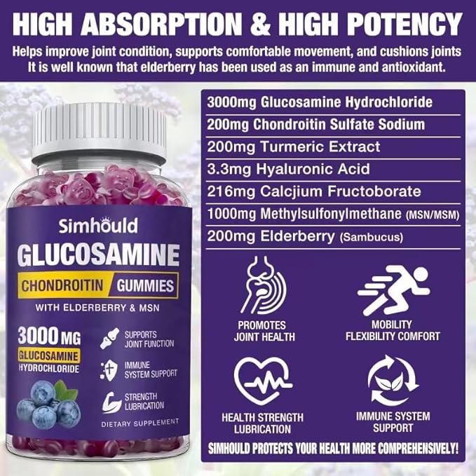 Glucosamine Chondroitin Gummies - 3000MG Extra Strength Joint Support Supplement with MSM & Elderberry, Flexibility, Antioxidant Immune Support Gummy for Adults, Men & Women
