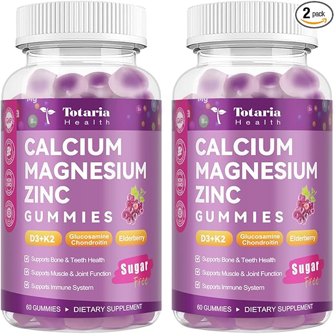 2 PCS Sugar Free Calcium 1200 mg with Vitamin D3 K2 (MK-7) Gummies, Calcium Citrate Magnesium Zinc Supplement w/Boron, Glucosamine Chondroitin, Max Absorption for Bone, Immune, Joint, Grape-Flavor