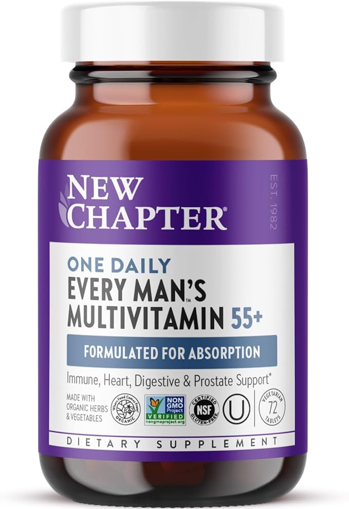 New Chapter Men's Multivitamin 50 Plus for Brain, Heart, Digestive, Prostate & Immune Support with 20+ Nutrients + Astaxanthin - Every Man's One Daily 55+, Gentle on The Stomach - 72 ct