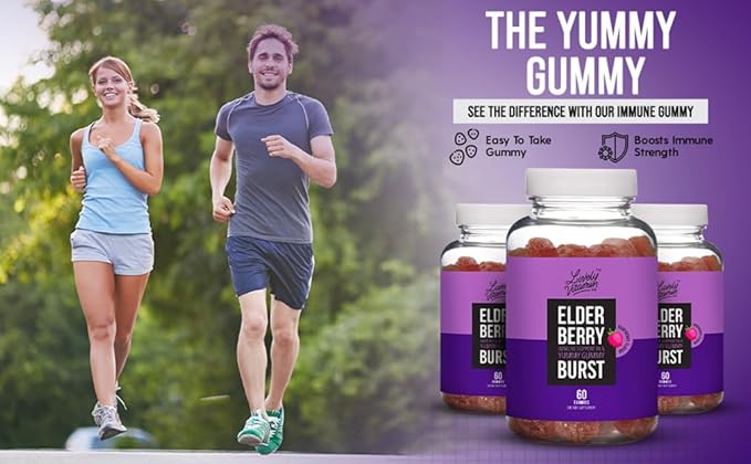 LIVELY VITAMIN CO. Elderberry Burst Gummies for Kids & Adults - Boosts Immune Health - Helps Avoid Colds & Illness - Black Elderberry, Vitamin C & Zinc - 3 Grams of Sugar - No Gelatin - 60 Gummies