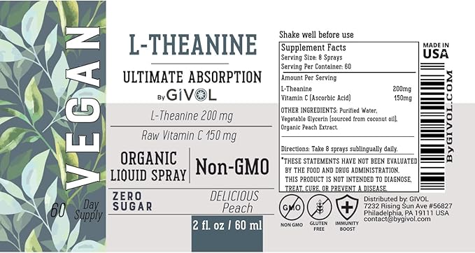 200mg L-Theanine & 150mg Vitamin C Liquid Spray for Kids & Adults - Real Peach Extract Flavor - Non-GMO, Gluten Free, Sugar Free, Alcohol Free, All Natural - 2 Fl Oz 60 Days Supply