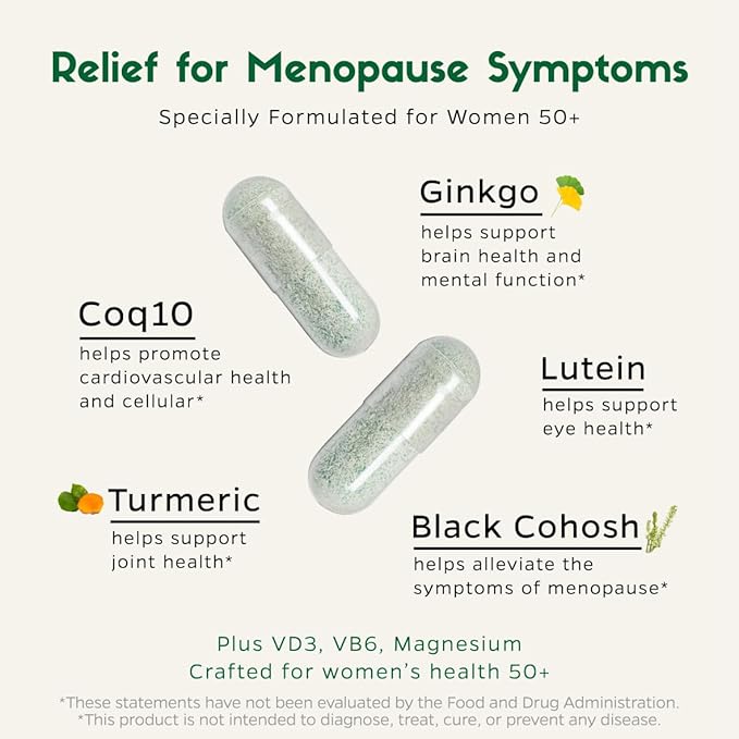 Multivitamin for Women 50 Plus, PMS Relief, Skin, Hair & Nails, Supports Joint & Bone, Heart Health, Eye Health, Turmeric, Coq10, Ginkgo, Lutein, Black Cohosh, Vitamins B6, B12, D3, K2 (60Ct)