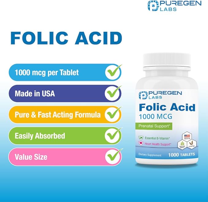 Puregen Labs Folic Acid 1000 mcg Tablets | Vitamin B9 | Non-GMO | Gluten Free | Made in USA | Value Size 1000 Tablets