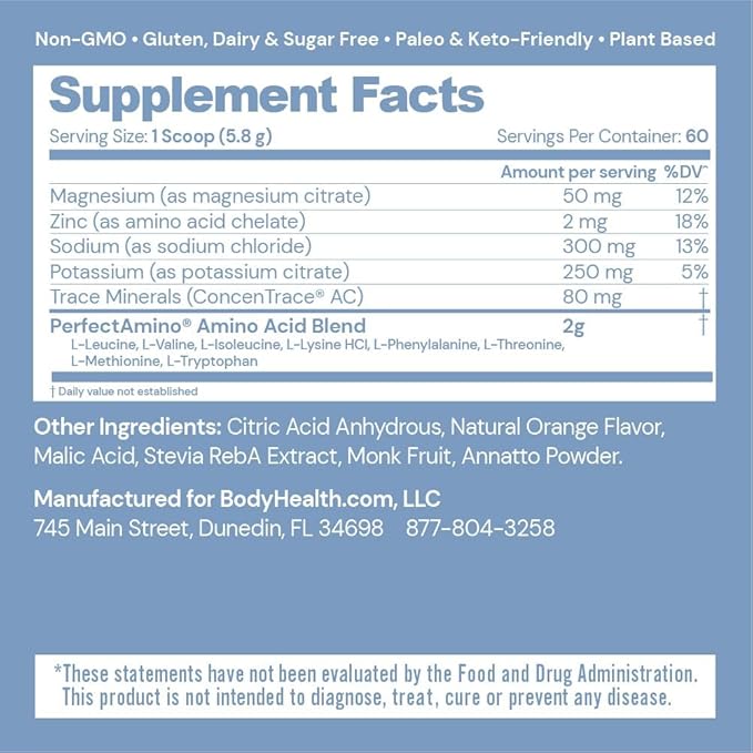 BodyHealth PerfectAmino Electrolytes Powder, Hydration Powder, Sugar Free Keto Electrolyte Drink Mix, Non GMO, Orange Flavor (60 Servings)