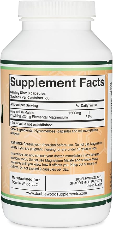 Magnesium Malate Capsules (180 Count) - 1,500mg Per Serving (Magnesium Bonded to Malic Acid), Third Party Tested, Vegan Friendly, Gluten Free by Double Wood Supplements