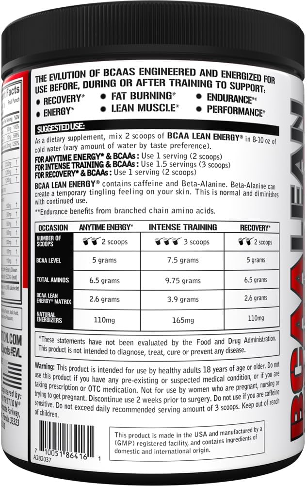 EVL BCAA Lean Energy Powder - Pre Workout Green Tea Fat Burner Support with BCAAs Amino Acids and Clean Energizers - BCAA Powder Post Workout Recovery Drink for Lean Muscle Recovery - Fruit Punch