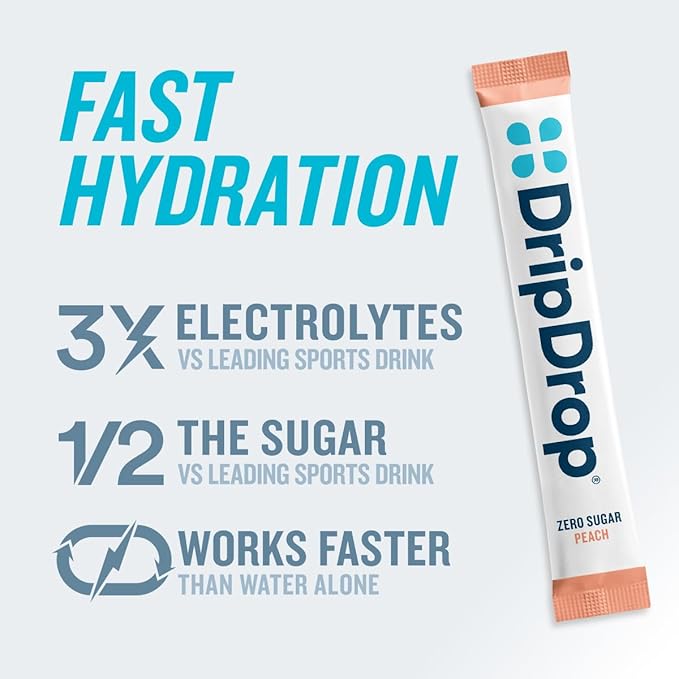 DripDrop Hydration - Zero Sugar Peach - Electrolyte Drink Mix Single Serve Hydration Powder Packets | Non-GMO, Gluten Free, Vegan | 32 Sticks