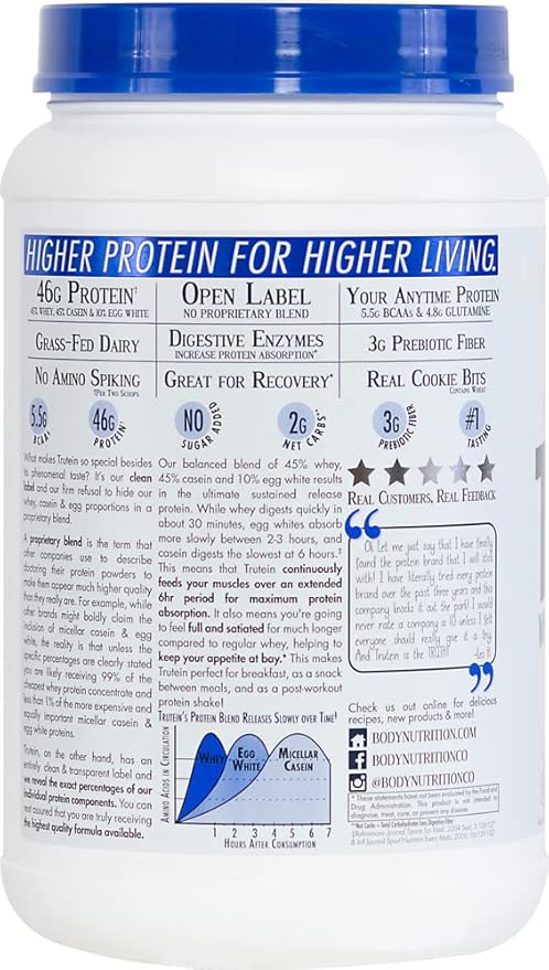 Body Nutrition Trutein High Protein Powder: 45% Whey, 45% Casein, 10% Egg White Protein Shake Mix, Low Sodium, Low Carb Protein Supplement Powder for Men & Women, Cookies & Cream, 2lb