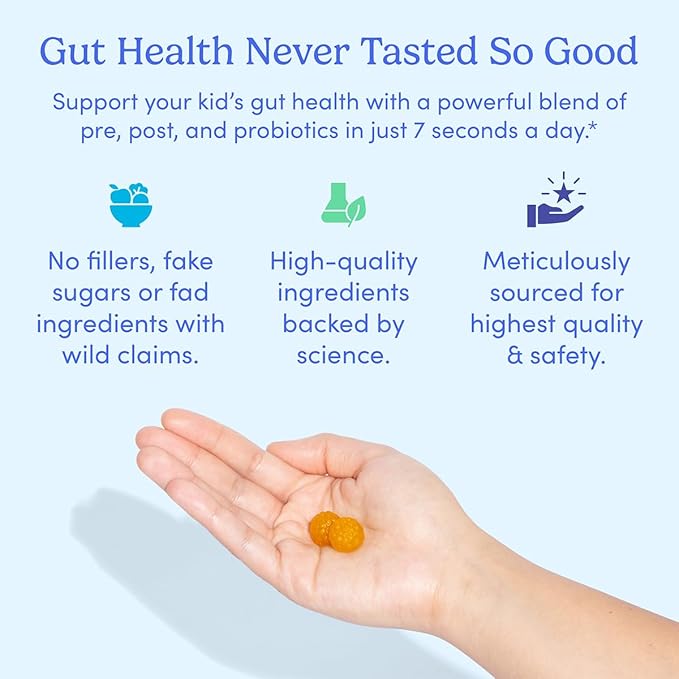 FIRST DAY Kids Probiotic Gummies - 3 in 1 Probiotics for Kids + Prebiotic & Postbiotic - Prebiotics & Probiotics for Digestive Health & Immune Support – Vegan, Gluten Free, 30-Day Supply