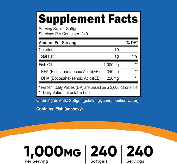 Nutricost Fish Oil Omega 3 Softgels with EPA & DHA (1000mg of Fish Oil, 560mg of Omega-3), 240 Softgels, Non-GMO, Gluten Free.