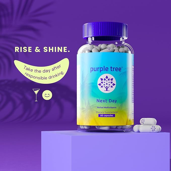 purple tree Next Day, Post-Celebration Wellness - Take Tomorrow | Replenish & Feel Your Best | Ashwagandha, Ginger, Peppermint, Milk Thistle, Electrolytes, Vitamins, 90 Pills