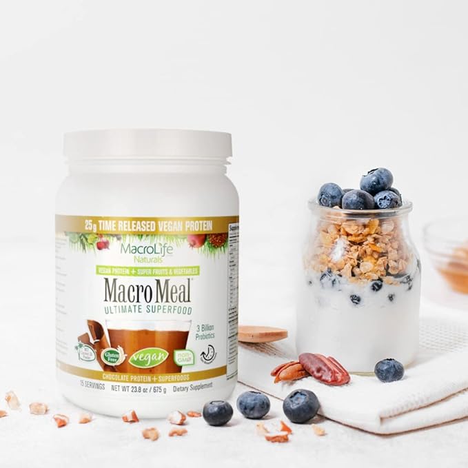 MacroLife Naturals MacroMeal Vegan Chocolate Protein Powder Superfood Greens Probiotics + Fiber, Immune Energy Digestive Daily Essentials for Women & Men Gluten-Free - 23.8oz (15 Servings)