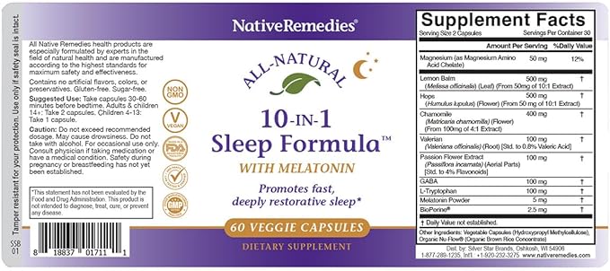 Native Remedies 10-in-1 Formula Natural Sleep Aid for Adults & Kids 4+ - Sleep Supplement with Melatonin 5mg, Magnesium, Valerian Root, Chamomile – Sleeping Aid Support, Non-GMO, Vegan - 60 Capsules
