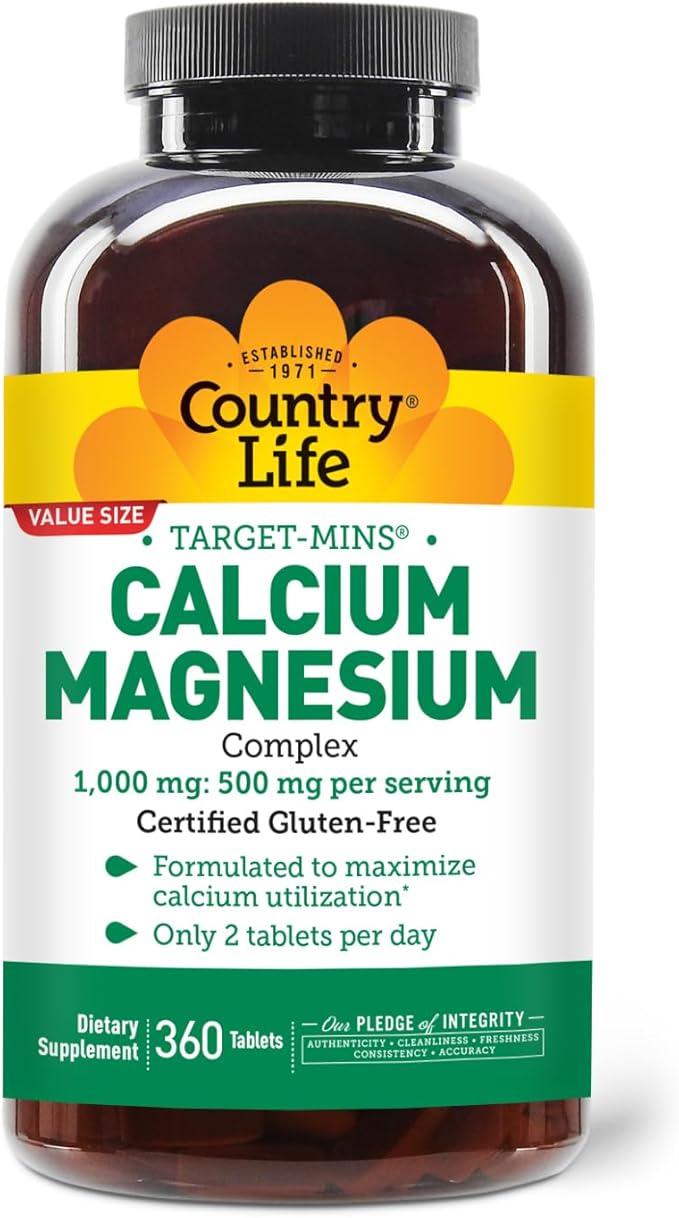 Country Life Target-Mins Calcium Magnesium Supplement for Bone Health, 1000mg Calcium, 500mg Magnesium, Gluten Free, 2:1 Ratio for Optimal Utilization