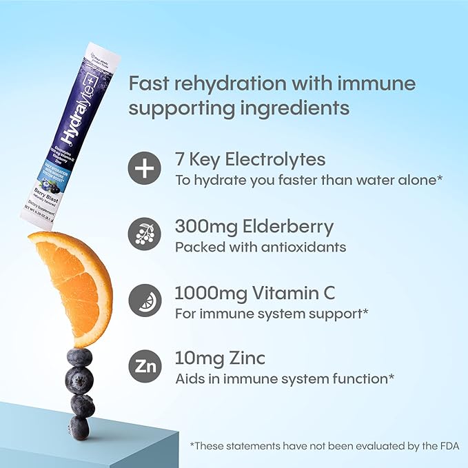 Hydralyte Electrolytes Plus Immunity, Elderberry - Low Sugar Rapid Rehydration Powder - Lightly Sparkling Electrolyte Powder Packets with 1,000mg Vitamin C and 300 mg Elderberry (8oz Serve, 12 Count)