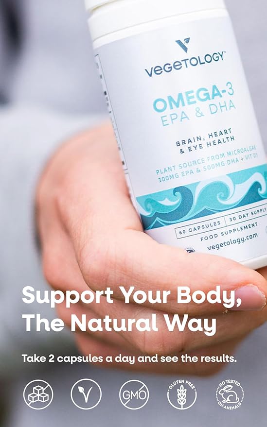 Vegan Omega 3 Supplement (60 Capsules) – Omega-3, EPA, Vitamin D3 & DHA Supplements - Algae Omega 3 Vegan Supplements for Brain, Eye, & Heart Health – Omega 3 for Kids & Adults