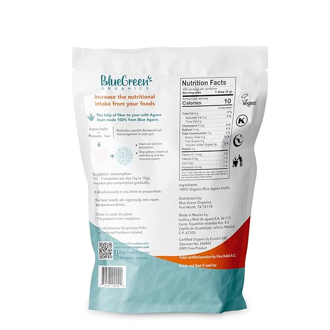 BLUEGREEN Organics | Inulin Powder | Gut microbiome | Agave | Fiber Powder | Prebiotics | Vegan | Keto | Kosher | Fiber Supplement | Net Wt 77 Lb