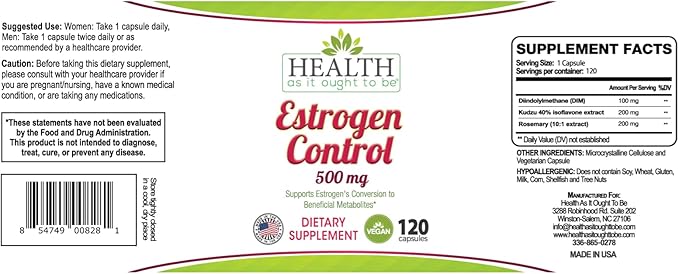Health As It Ought To Be Estrogen Control Supplement | Physician Formulated Blend for Optimal Estrogen Metabolism | 120 Capsules