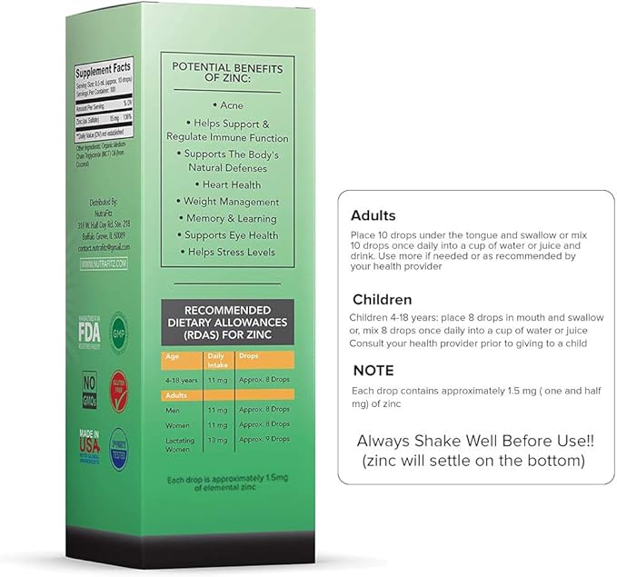 Organic Zinc Supplements for Kids, Adults - Zinc Sulfate - Liquid Zinc Supplement - Pure Ionic Zinc Drops in Coconut Oil for Immune Support, Skin - NO Preservatives & Great Taste - 100 Vegan Servings