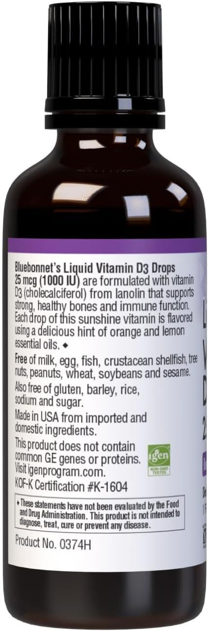BlueBonnet Liquid Vitamin D3 Drops 1000 IU, Citrus, Transparent, Scented, 1 Fl Oz