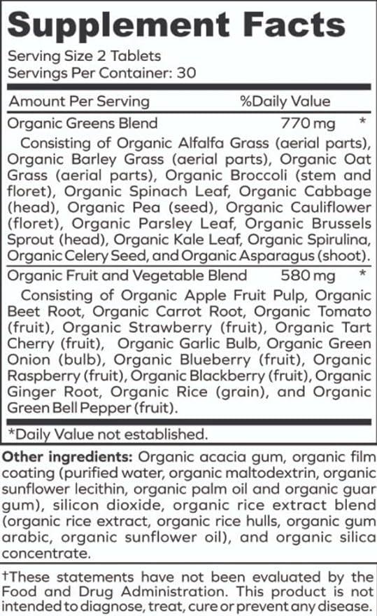 Green Fuel Organic Greens Tablets - Organic Greens, Fruit and Vegetable Blend