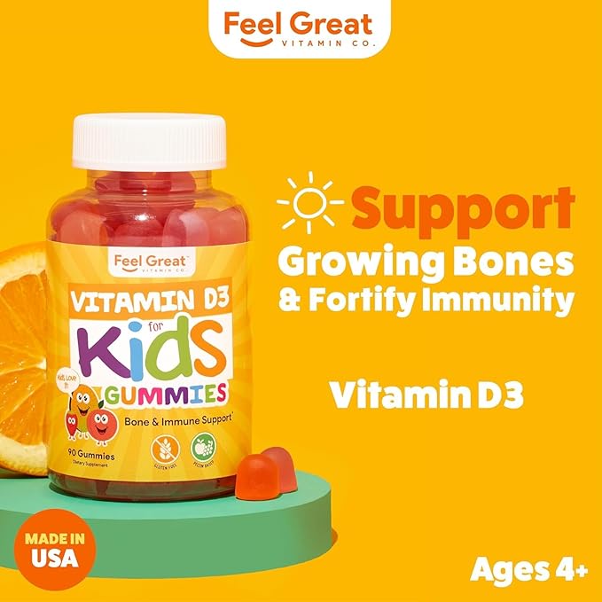 Feel Great Kids Vitamin D3 1000 IU Gummies (2-Pack) | Kids Vitamin D Gummies for Healthy Bones, Mood, & Immune Support | Citrus Flavored Vegetarian D3 Gummies