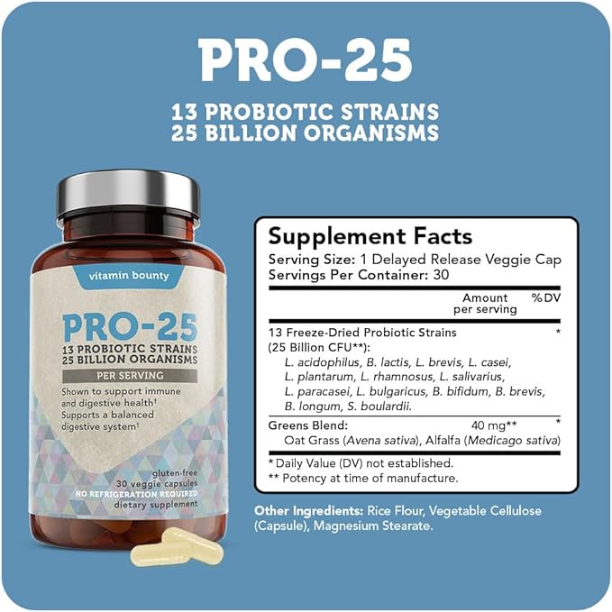 Vitamin Bounty Pro 25 Probiotic with Prebiotics for Oral & Dental Health, Gut and Digestive Support - 13 Strains, 25 Billion CFU, Embocaps & Fermented Greens, 30 Count (Pack of 1)