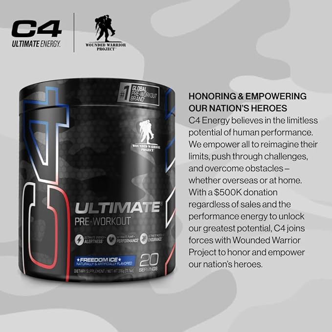 C4 Ultimate x Wounded Warrior Project Pre Workout Powder Freedom Ice - Sugar Free Preworkout Energy Supplement for Men & Women - 300mg Caffeine + 3.2g Beta Alanine + 2 Patented Creatines - 20 Servings