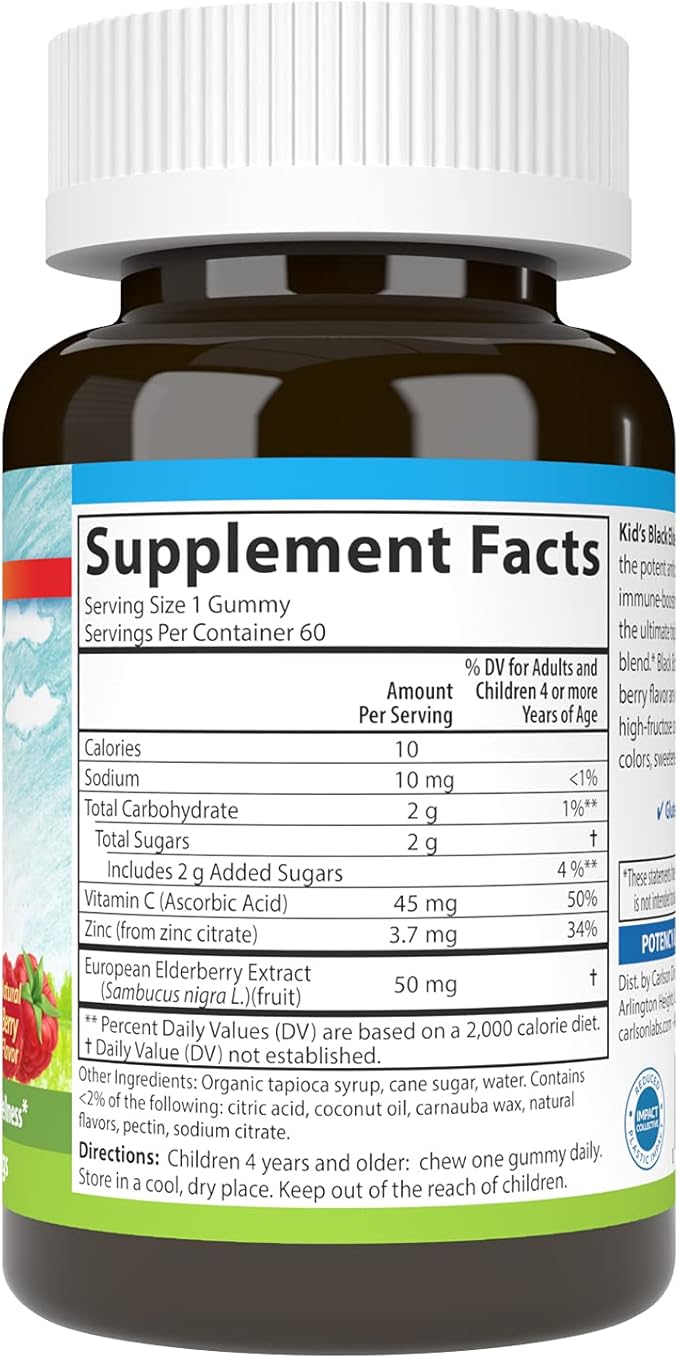 Carlson - Kid's Black Elderberry Gummies. with Vitamin C & Zinc, Immune Support, 60 Gummies