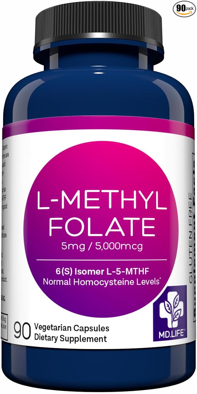 MD Life L-Methylfolate 5mg - Professional-Grade Active Methylfolate Supplement - Maximum Potency MTHFR Supplements - L methylfolate 5mg 90 Capsules - Essential Amino Acids