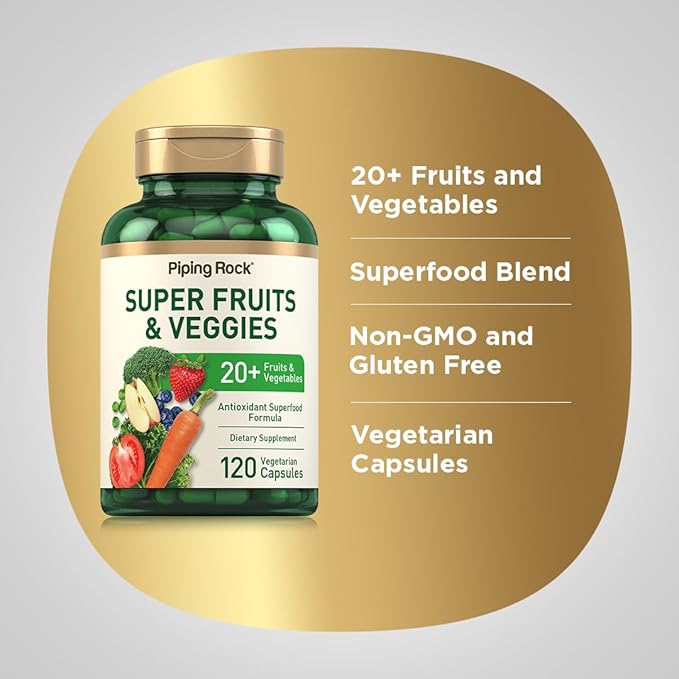 Piping Rock Fruits and Veggies Supplement | 120 Capsules | Plus 20 Fruit and Vegetables | Antioxidant Superfood Formula | Daily Multivitamin | Vegetarian, Non-GMO, Gluten Free