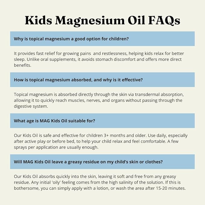 Magnesium Spray for Kids & Toddlers – Restlful Sleep, Calm Bedtime, Growing Pains, Active Play Recovery – Pure, All-Natural, Gentle for Sensitive Skin, Fragrance-Free - 8 fl oz by MAG Recovery