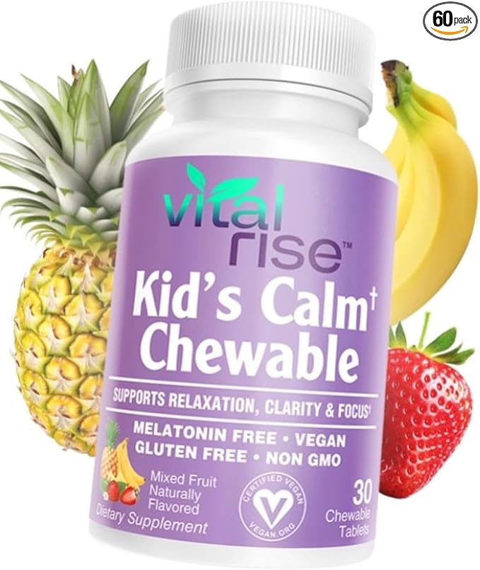 Kids Magnesium Chewables - Daily Supplement, Sugar-Free & Melatonin-Free, Supports a Healthy Stress Response & Focus, Fast-Absorbing Magnesium with L-Theanine, Mixed Fruit Flavor,