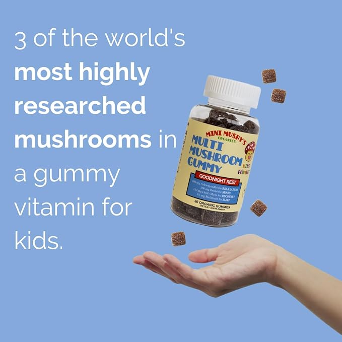 Mini Mushy's Organic Goodnight Rest Gummies | Ashwagandha, Reishi, Lions Mane, Mushrooms, Melatonin | Kids Age 2+ Natural Color, Allergy Friendly, Low Sugar | Berry Flavor - 30 Count